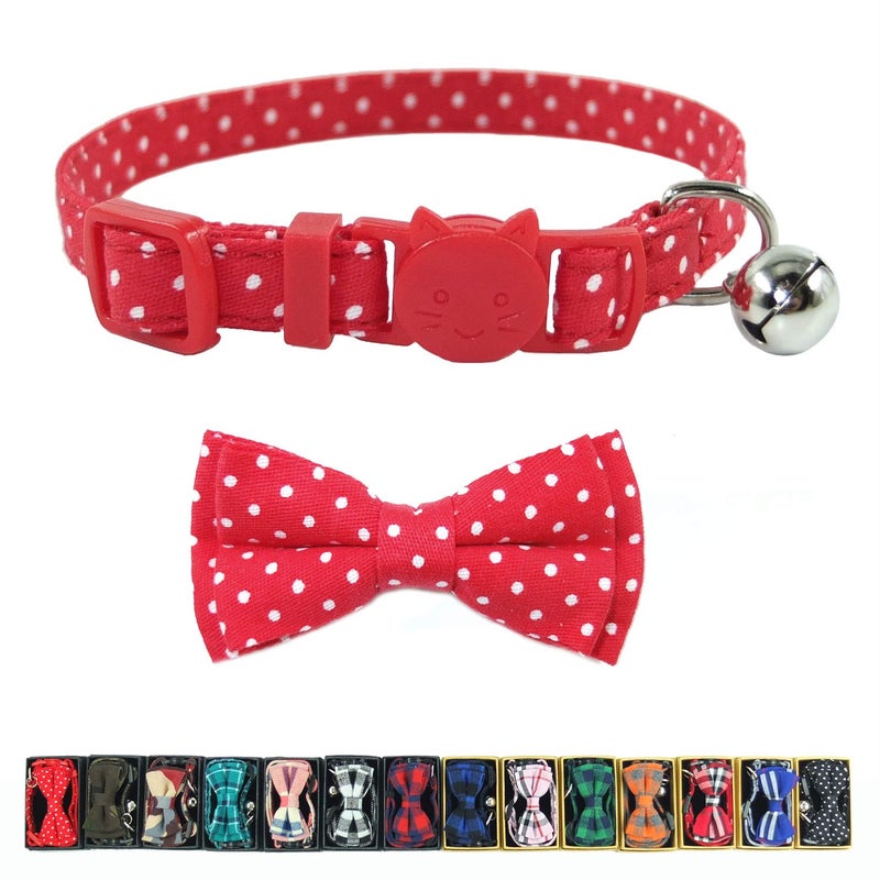 Ximipet Cat Collar Breakaway with Bell and Bow Tie, Plaid Design Adjustable Safety Kitty Kitten Collars(6.8-10.8in) (Red Dots - Image 1